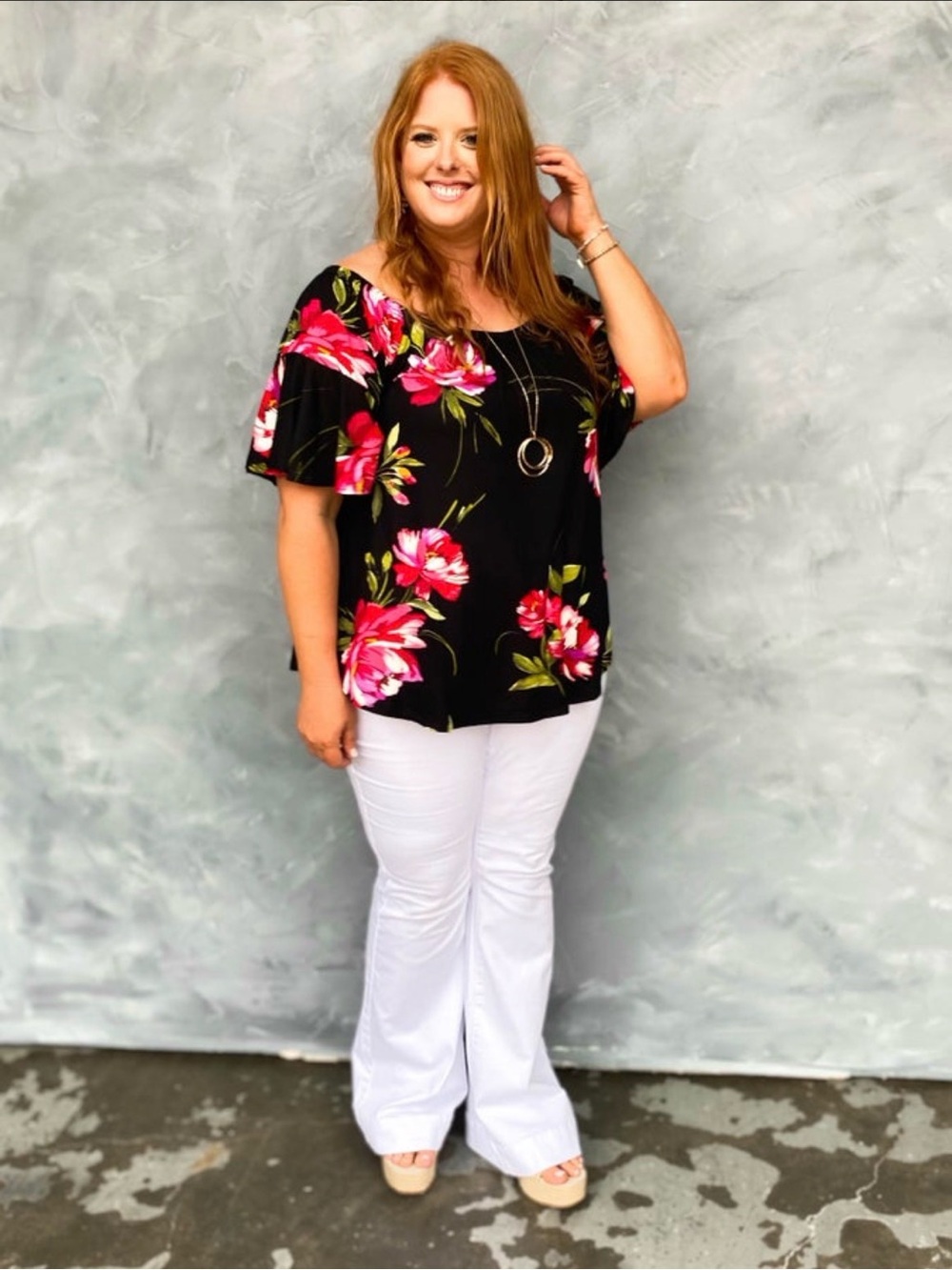 Black Floral Off-Shoulder Women's Top - Pink Floral Print